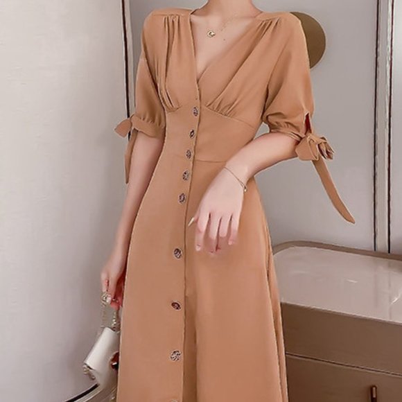 Dresses & Skirts - C050 Women Sexy Deep V neck Cotton Maxi Dress Short Sleeves Button Up Clothing